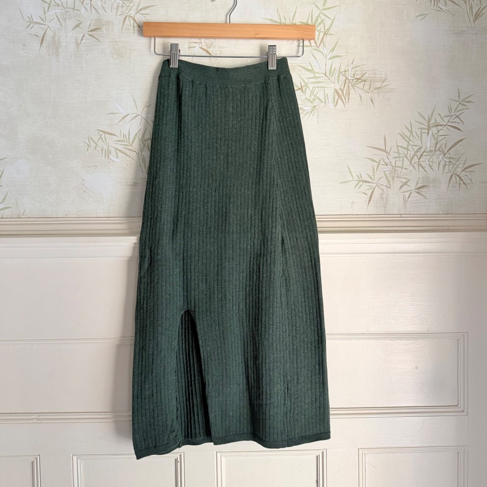 Free People Skirt Forest Green Ribbed Knit Midi Front Slit Cotton Blend Small